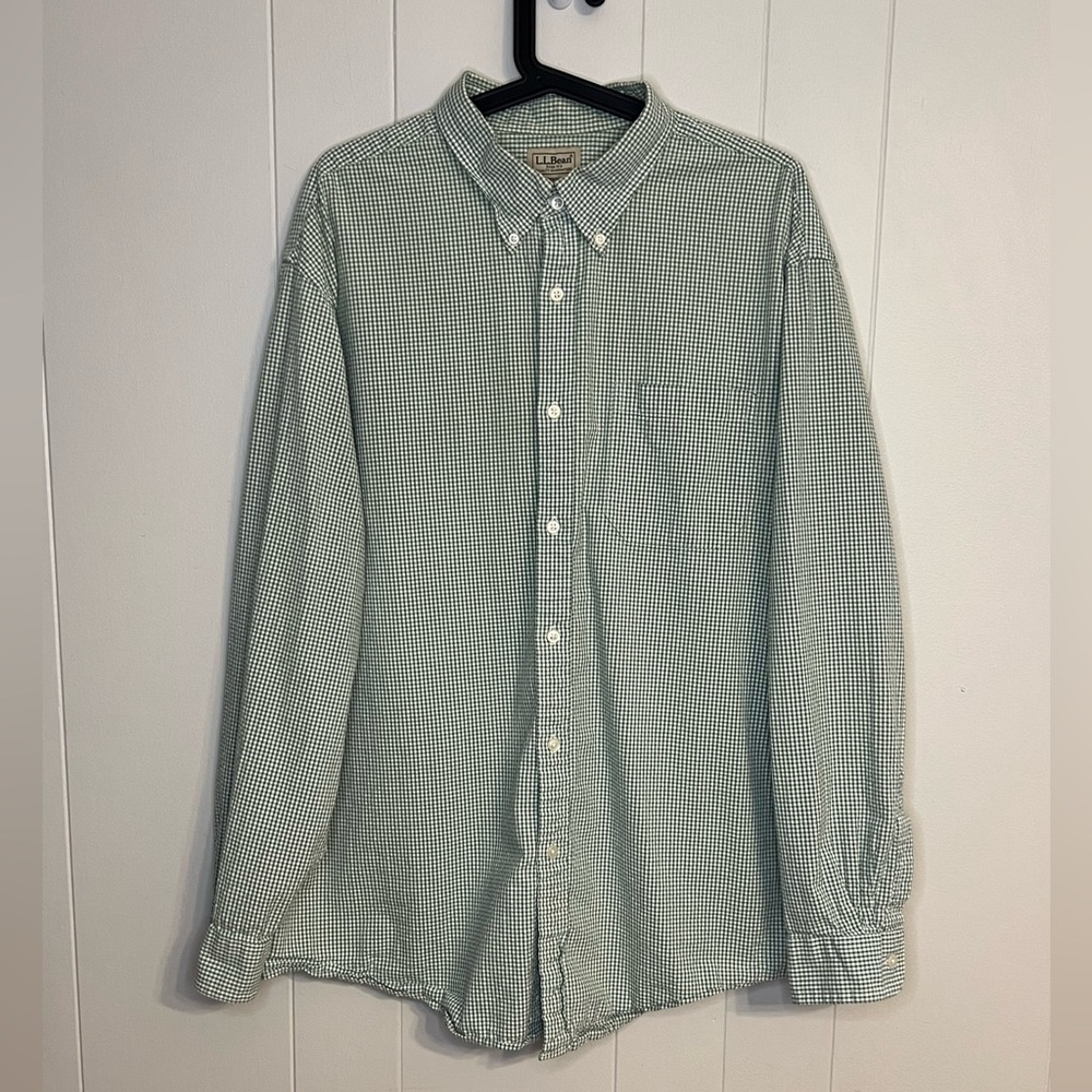 L.L. Bean Green And White Checkered Cotton Long Sleeve Button Down Shirt Size XL